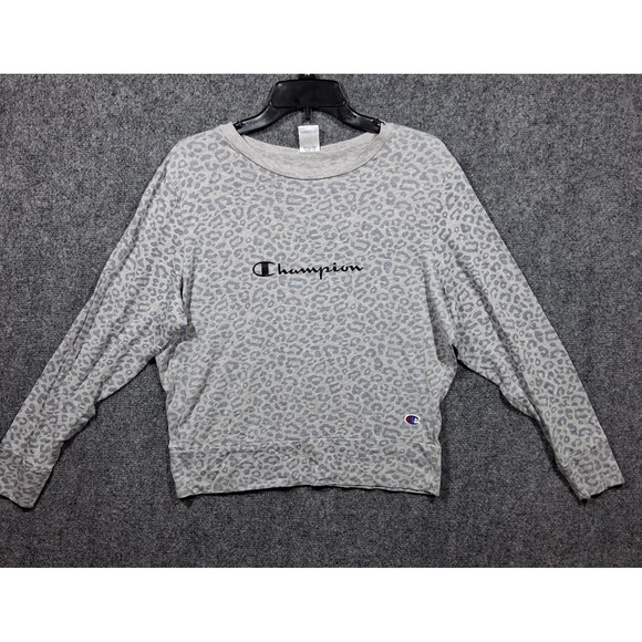 Champion Tops - Champion Womens Grey Leopard Print‎ Long Sleeve Crewneck Shirt Size Medium